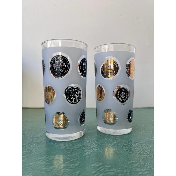 Libbey Tumblers - Frosted Glass with Gold Coins - Set of 2 - Picture 4 of 4